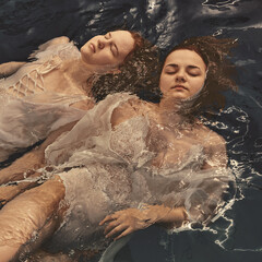 Portrait of two girls in white on the surface of the water