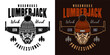 Lumberjack head in knitted hat and saw vector emblem in two styles black on white and colorful