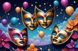 Bunte Karnevalsmasken mit Konfetti und Luftballons als Symbole für Fasching, Karneval und die närrischen Tage.