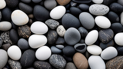 Wall Mural - White and grey pebbles on black sand beach, natural background
