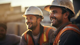 Fototapeta  - A happy construction workers wearing uniforms on construction site.