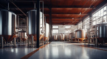 Interior Of Brewery Or Alcohol Production Factory. Large Steel Fermentation Tanks In Spacious Hall.