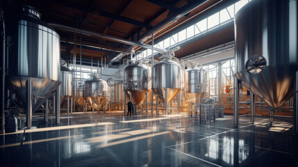 Wall Mural - Interior of Brewery or alcohol production factory. Large steel fermentation tanks in spacious hall.
