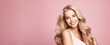 © Photoland - Beautiful smiling woman with smooth healthy face skin and blonde hair on pink background. Beauty and cosmetics skincare advertising concept, banner, copy space