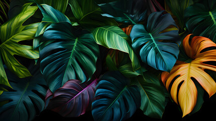 Wall Mural - Creative fluorescent color layout made of tropical leaves. Flat lay neon colors. Nature concept