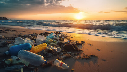 Wall Mural - The beach at sunset is full of garbage and plastic