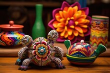 An Alebrije Turtle On A Rustic Wooden Table With Colorful Mexican Pottery