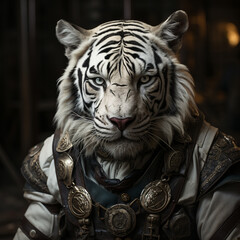 Sticker - Tiger portrait wearing a knight armor. Animal in a medieval golden armor with ornament generative ai