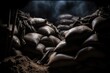 close-up of sandbags piled up in a trench silhouette