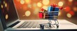 Shopping cartf full of christmas presents buy via internet, black friday sale panorama. Generative Ai