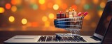 Fototapeta  - Shopping cartf full of christmas presents buy via internet, black friday sale panorama. Generative Ai
