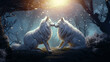 A Cute foxes. white fox couples with tails howling under the full moon. generative ai