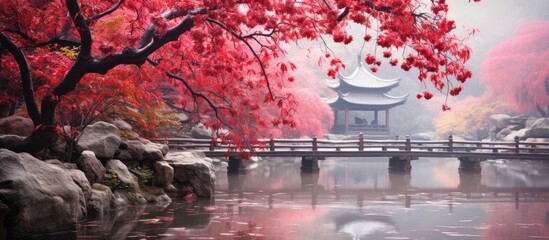 Wall Mural - In autumn, the vibrant red leaves of the apple trees in a Chinese garden add a beautiful pop of color, making for stunning photography and a healthy reminder of natures bounty.