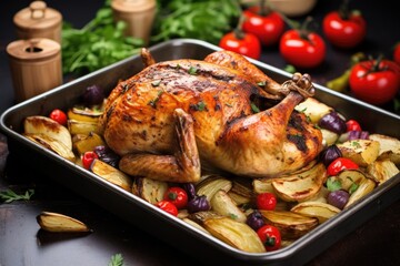 Wall Mural - baking tray with a whole roasted chicken and vegetables
