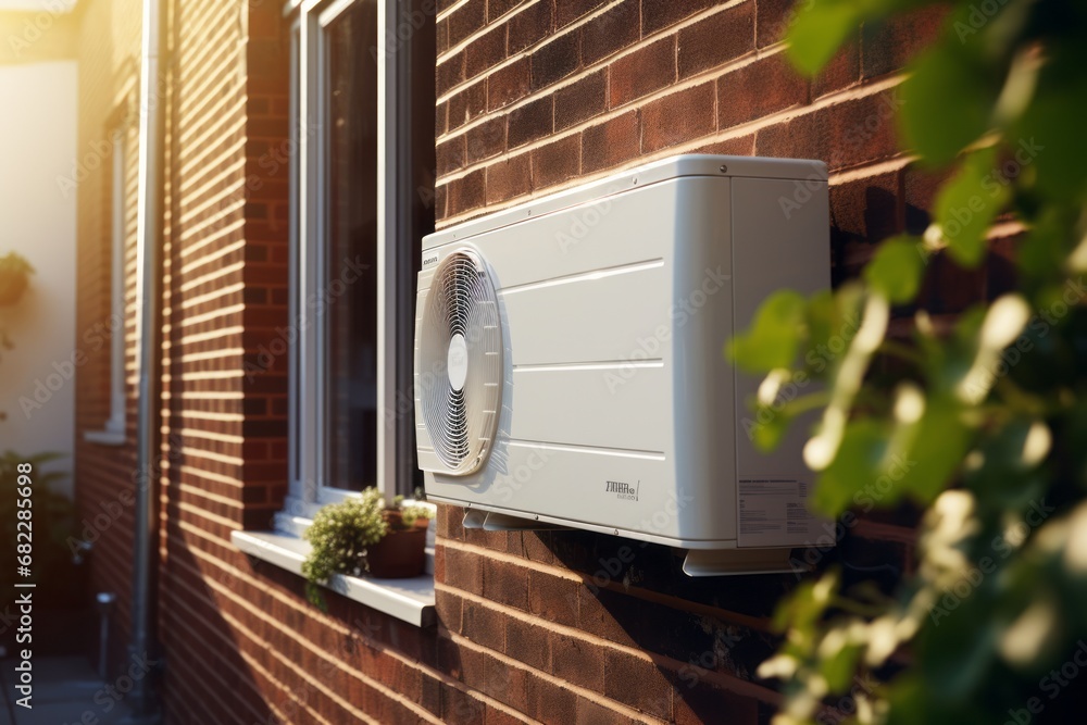 Wall Mounted Air Conditioner on the Side of a Brick Building Stock ...