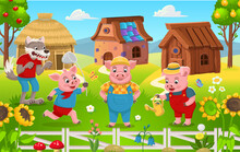  Scene From The Fairy Tale The Three Little Pigs. Three Little Pigs Stand Near Their Houses Made Of Stone, Straw, Wood, And An Angry, Hungry Wolf Walks Nearby. Funny Cartoon Characters.
