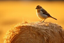 Sparrow Perched On A Round Hay Bale In A Golden Field