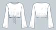 © Liubov Hladka - Bell Sleeve Top fashion flat tehnical drawing template. Crop Top technical fashion illustration, round neck, relaxed fit, drawstring waist, front, back view, white, girls, women Shirt CAD mockup.