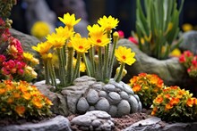 Cacti With Bright Yellow Flowers In A Rock Garden