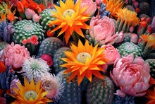 Bright Blooming Flowers Amidst A Cluster Of Spiky Cactuses