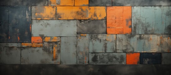 Canvas Print - The abstract texture of the vintage design on the construction building's wall exudes a retro black grunge vibe, adding character to the architecture with its wave-like orange color, bringing a blend