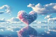  a heart shaped cloud floating on top of a body of water under a blue sky with puffy white clouds and a reflection of a pink heart in the water.