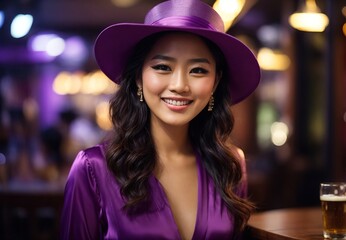 Wall Mural - Charming beautiful asian women wearing purple costume and hat, cake on tabletop, blurred background 