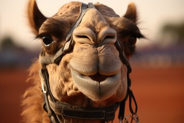 Wall Mural - close-up shot of a camels head with racing harness