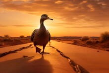  A Duck Standing On The Side Of A Road In The Middle Of The Desert With The Sun Setting In The Background And A Bird Standing On The Side Of The Road.