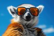  a close up of a lemura with sunglasses on it's head and a blue sky in the background and a cloud in the sky in the foreground.