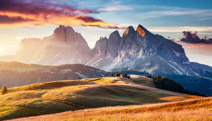 stunning morning scene majestic moutain peak under sunlight alpe di siusi valley during sunset amazing nature landscape awesome natural background incredible colorful scenery dolomites