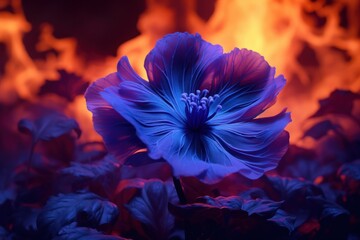   a close up of a blue flower in front of a fire with red and blue flowers in the foreground and a red and blue flower in the middle of the background.