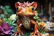  a close up of a figurine of a frog sitting on top of a table with flowers in the foreground and a blurry background of a blurry background.