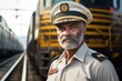 © primopiano - close-up of a cargo train conductor in uniform with train in background