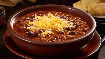 Wall Mural - A spicy and flavorful chili soup with tender chunks of beef, beans, and a sprinkle of grated cheese