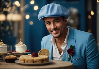 Wall Mural - Charming handsome white men wearing blue costume and hat, cake on tabletop, blurred background 