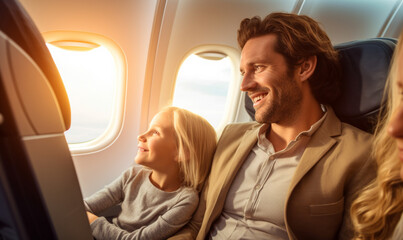 Happy family travel by plane, Kid sit at the window of an airplane, Family Traveling.