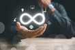 © sorapop - Businessman displays circular infinity symbol, depicting circular economy and infinite opportunities. Strategy of sustainable investment, banking, and financial growth. technology infinity data