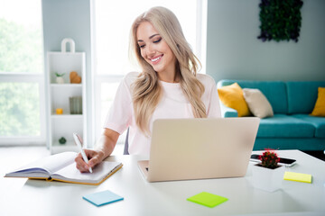 Poster - Photo of lovely woman professional boss assistant writing notes diary planner sitting workplace