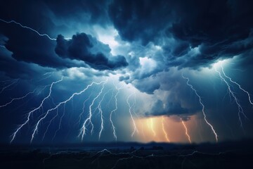 Wall Mural -  a group of lightning strikes in the sky above a large body of water with a large cloud in the middle of the sky and a building in the foreground.