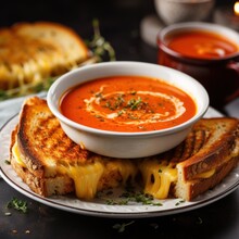 A Steaming Bowl Of Tomato Soup With A Grilled Cheese Sandwich On The Side,
