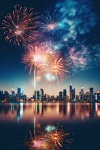 A Stunning Fireworks Display Lighting Up The Night Sky Above A City Skyline