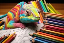 Chameleon Resting On A Sketchpad Surrounded By Colored Pencils