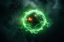  A Green Ball Of Fire In The Middle Of A Dark Sky With Clouds Of Smoke And Light Coming Out Of The Center Of The Ball, And A Green Ball Of Fire In The Middle Of The Middle Of The Middle Of The.