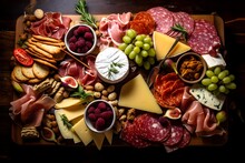 Top View Of A Trendy Charcuterie Board With An Assortment Of Different Snacks