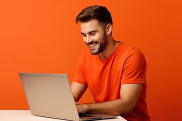 Wall Mural - Side view young smiling man wears t-shirt casual clothes hold use work point on laptop pc computer browsing internet isolated on orange red color background studio