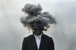  a man in a suit with a lot of black smoke coming out of the top of his head in front of a cloud of smoke coming out of his head.