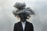 Fototapeta  -  a man in a suit with a lot of black smoke coming out of the top of his head in front of a cloud of smoke coming out of his head.