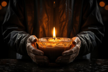 Sticker - A person lighting a candle in memory of loved ones lost to cancer, highlighting the importance of remembrance on this day. Generative Ai.