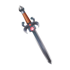 Cartoon sword with a metal hilt with precious stones. Vector illustration.